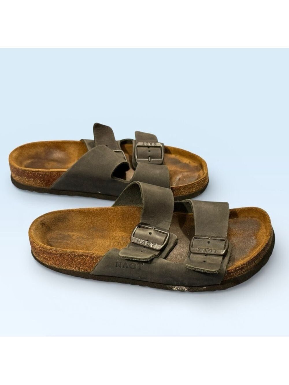 Naot Leather Slide Sandals Adjustable Buckles Cork Footbed EU 38